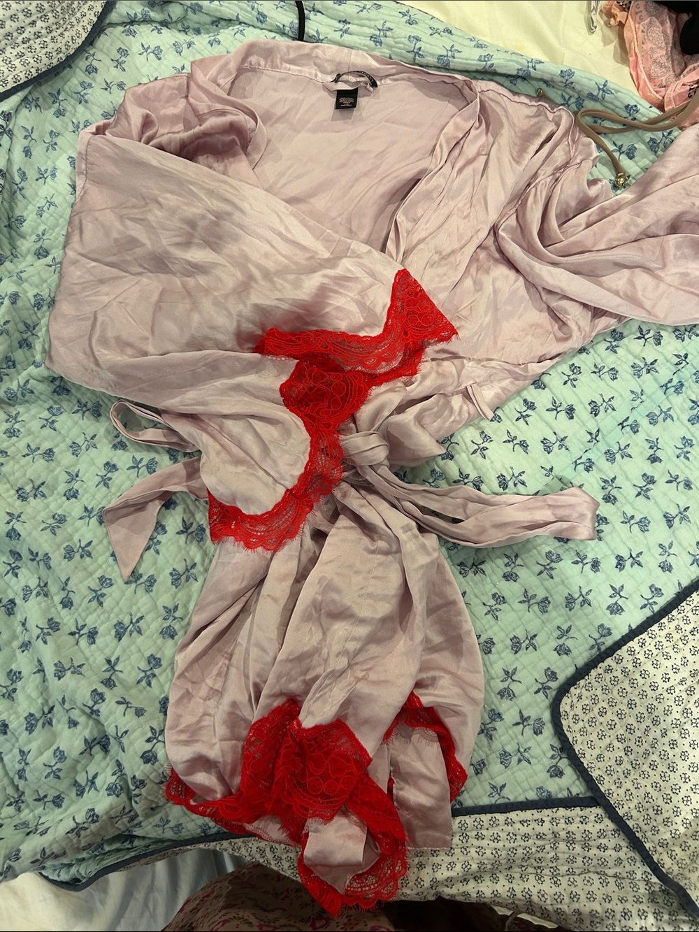 Victoria’s Secret silk robe- pink with red lace -size large